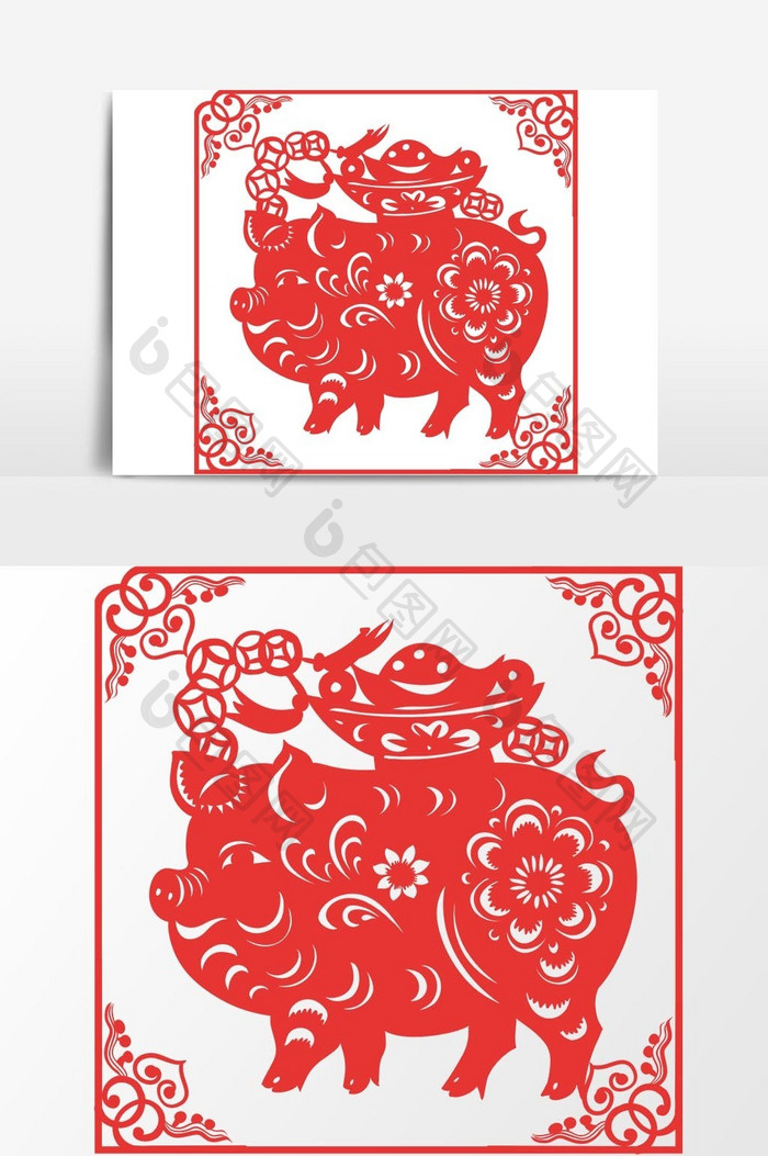 简洁中国传统红色剪纸窗花招财进宝矢量元素
