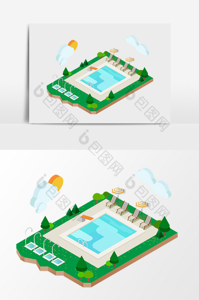 夏日极简游泳休闲避暑2.5D矢量元素