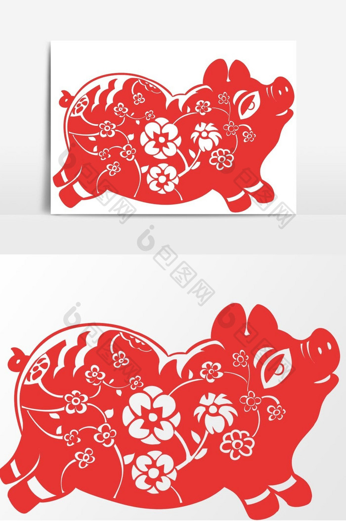 简洁中国传统红色剪纸雕刻猪猪窗花矢量元素