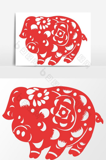 简洁中国传统红色剪纸窗花红色猪猪矢量元素图片