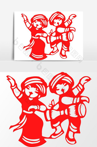简洁中国传统红色剪纸少数民族矢量元素图片