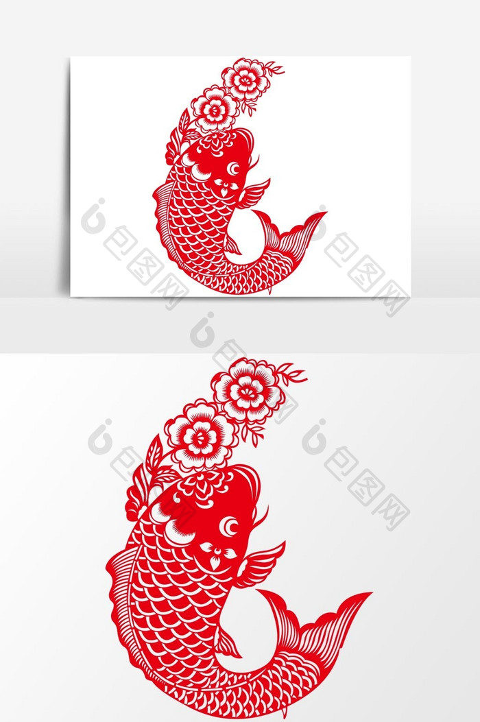 简洁中国传统红色剪纸窗花鲤鱼跃龙矢量元素