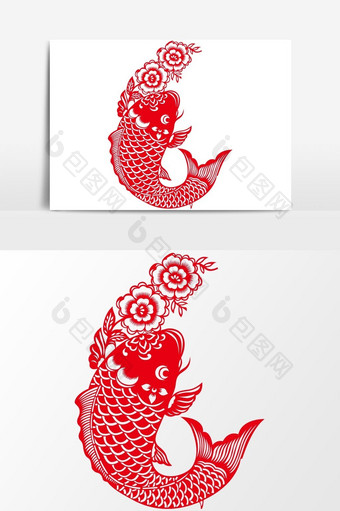 简洁中国传统红色剪纸窗花鲤鱼跃龙矢量元素图片