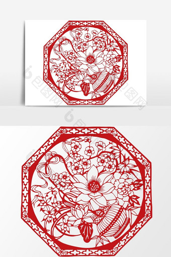简洁中国传统红色剪纸窗花花篮和植矢量元素图片