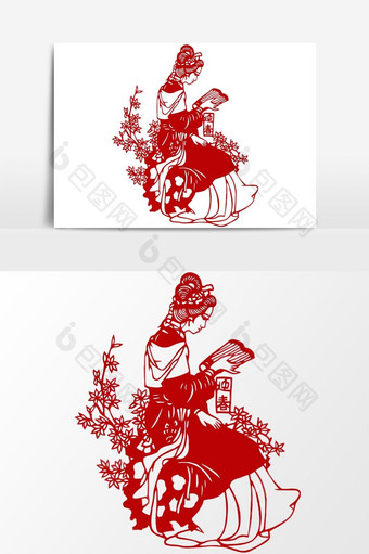 简洁中国传统红色剪纸窗花读书少女矢量元素图片