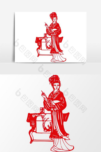 简洁中国传统红色剪纸窗花诗文女子矢量元素图片