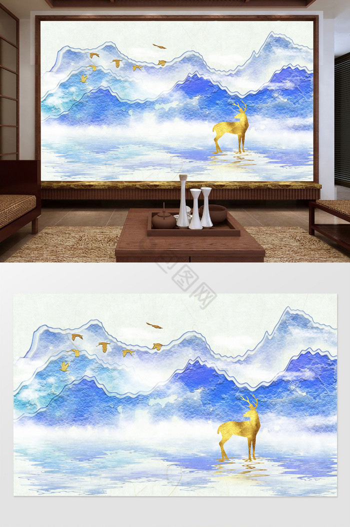 新中式浮雕意境质感山水意境电视背景墙图片