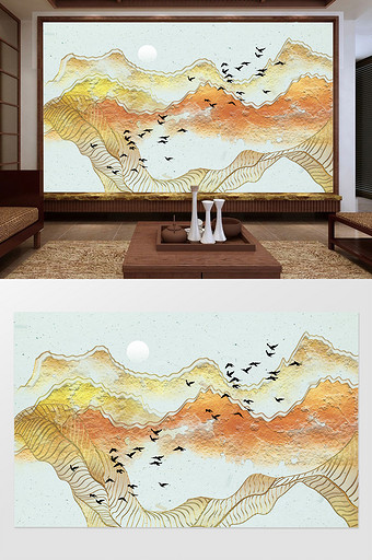 新中式抽象金箔质感线条意境山水电视背景墙图片