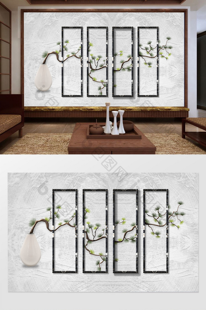 新中式意境松树花瓶简约时尚禅意软包背景墙