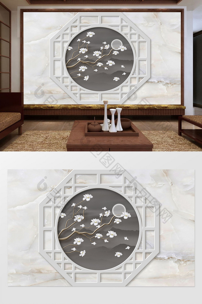 中式简约意境白色玉兰花枝大理石软包背景墙