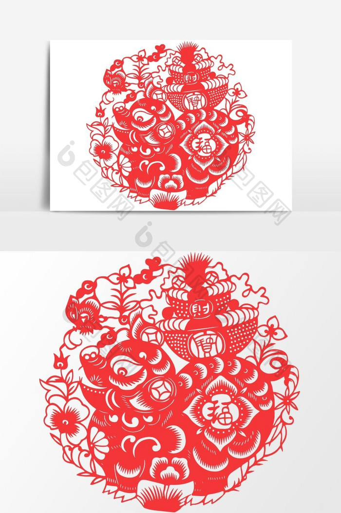 简洁中国传统红色剪纸窗花发财猪矢量元素