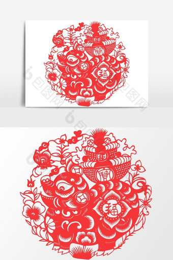 简洁中国传统红色剪纸窗花发财猪矢量元素图片