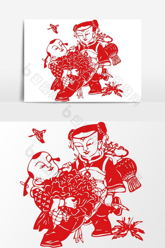 简洁中国传统红色剪纸窗花花童子矢量元素图片