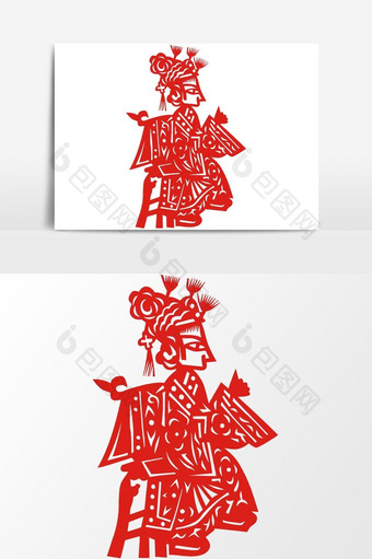简洁中国传统红色剪纸窗花皮影戏矢量元素图片