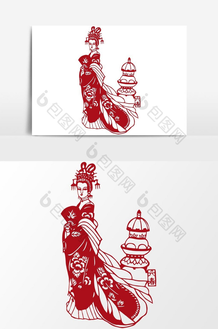 简洁中国传统红色剪纸窗花仕女皇后矢量元素