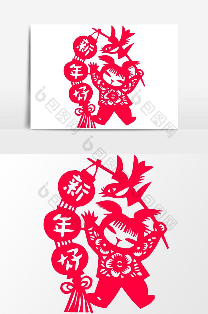 简洁中国传统红色剪纸窗花新年好矢量元素