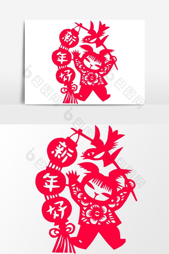 简洁中国传统红色剪纸窗花新年好矢量元素图片