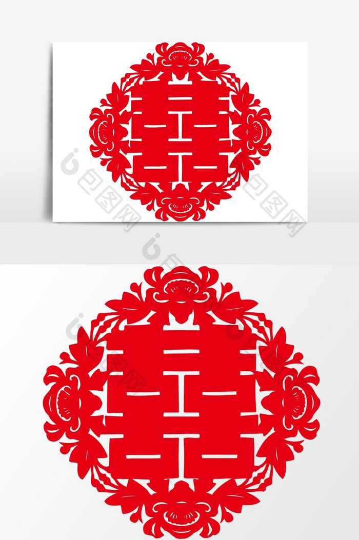简洁中国传统红色剪纸窗花结婚贴纸矢量元素