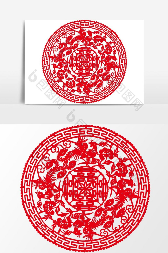 简洁中国传统红色剪纸窗花团花花矢量元素