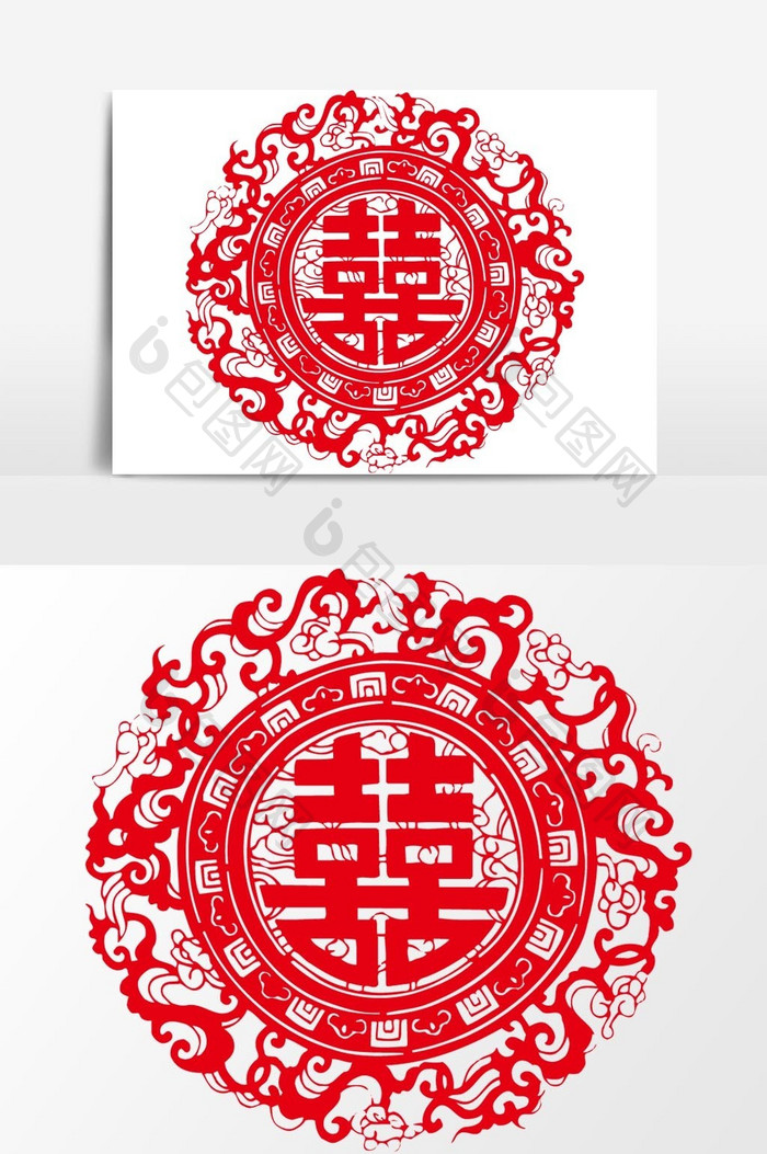 简洁中国传统红色剪纸窗花红色喜字矢量元素