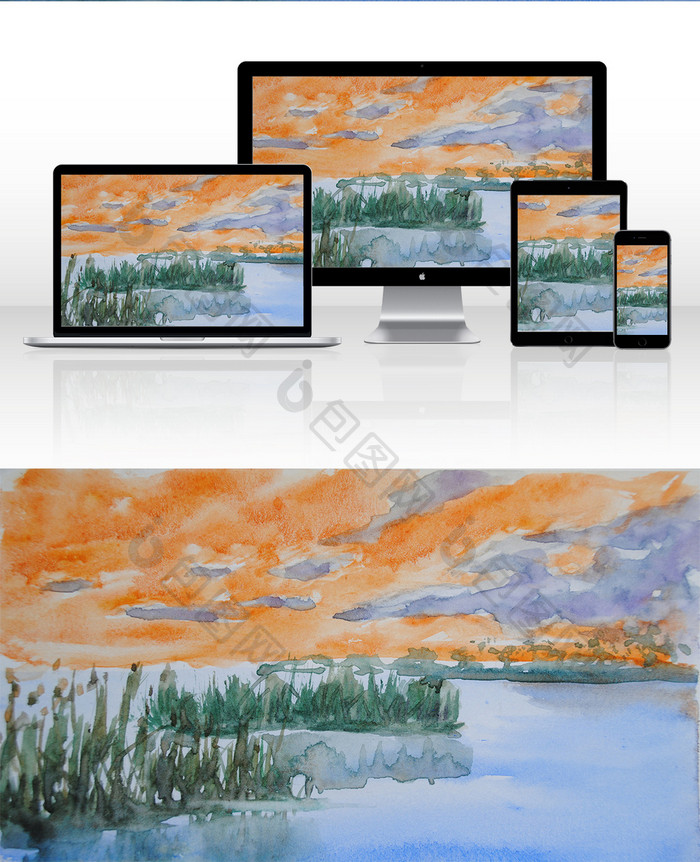 蓝色湿地夏日清新水彩手绘背景素材风景