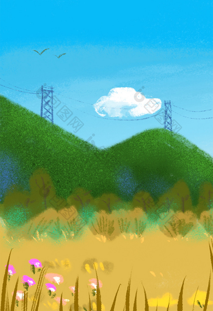 秋季野外麦地青山高架电线塔蓝天白云背景