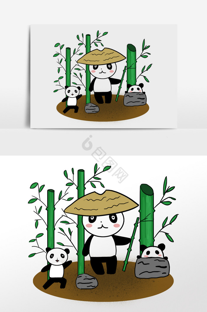 黑白绿大熊猫竹林插画图片