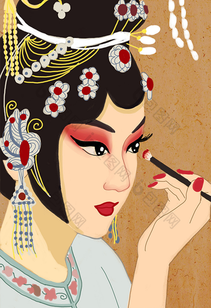 传统文化中国风戏曲人物化妆梳妆插画