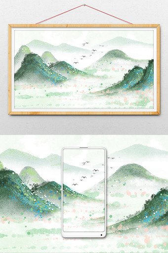 绿色唯美中国风水墨山水插画图片