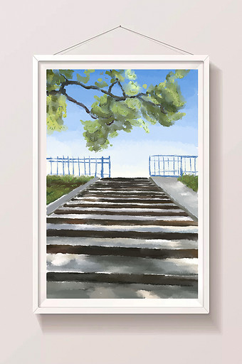 夏日校园阶梯插画背景图片