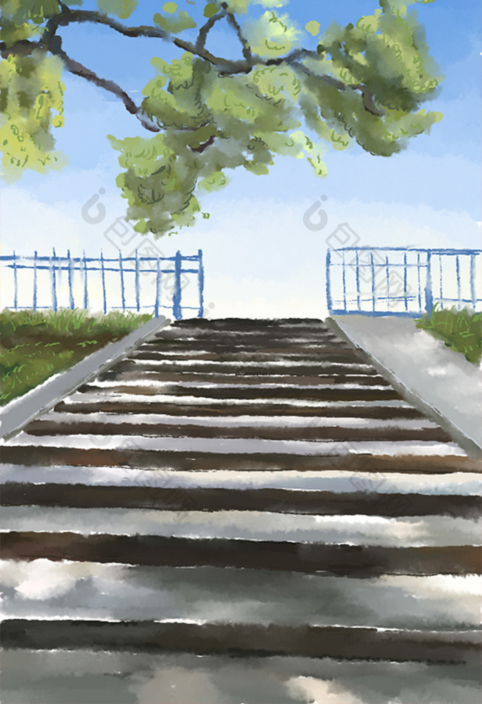 夏日校园阶梯插画背景