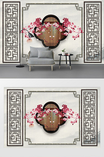 新中式复古已经粉色梅花山水画软包背景墙图片