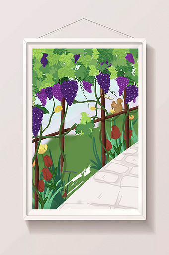 卡通漫画葡萄架下风景插画背景图片下载