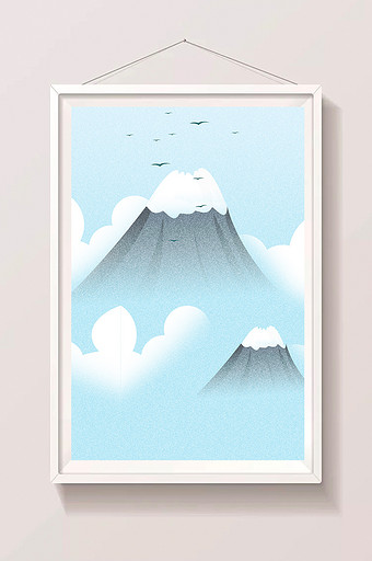 蓝色卡通手绘高山云雾图片下载