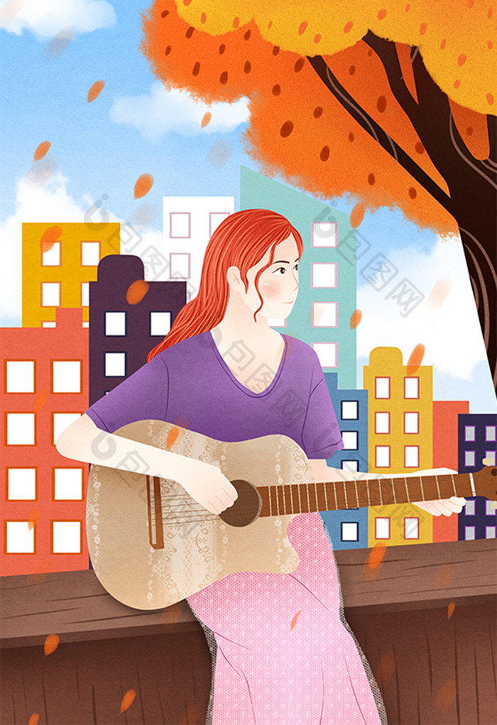 节日节气立秋城市里的秋天女孩弹吉他插画