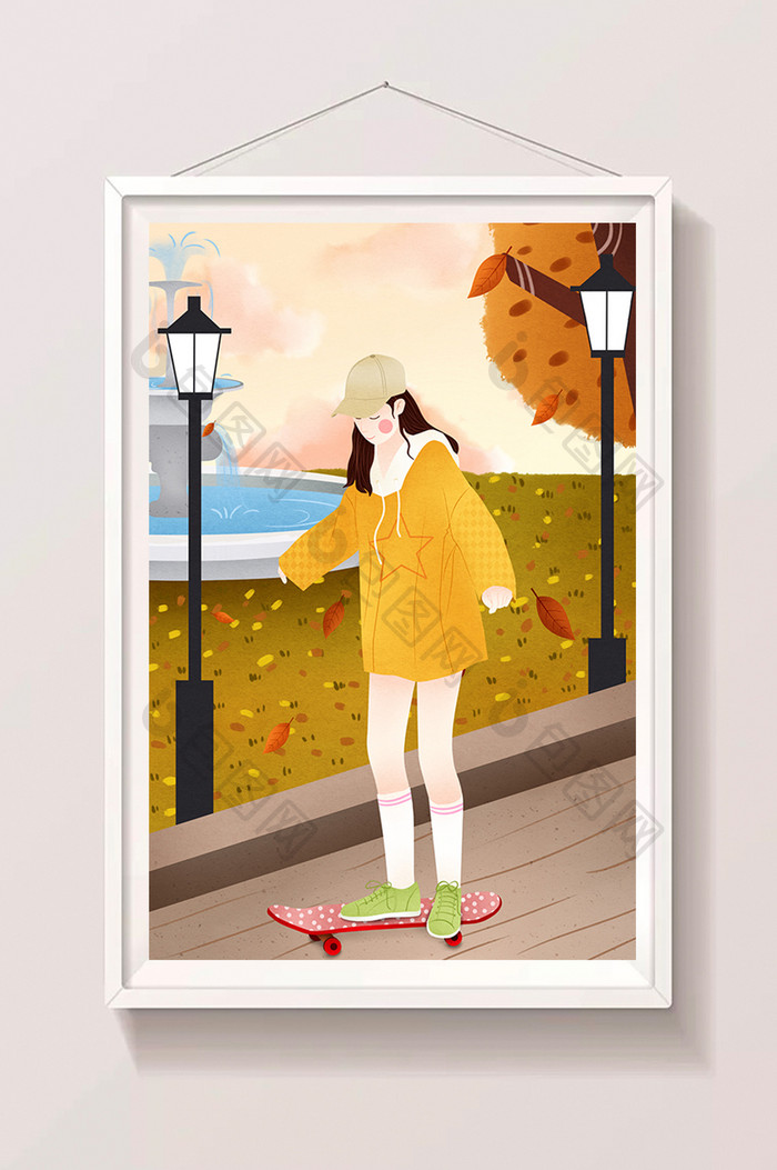 秋季秋天公园滑板女孩插画