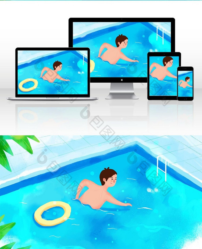 小清新蓝色游泳健身暑假生活插画