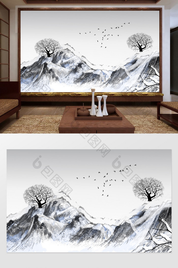 新中式山水意境电视背景墙定制