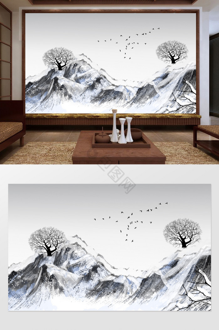 新中式山水意境电视背景墙定制图片