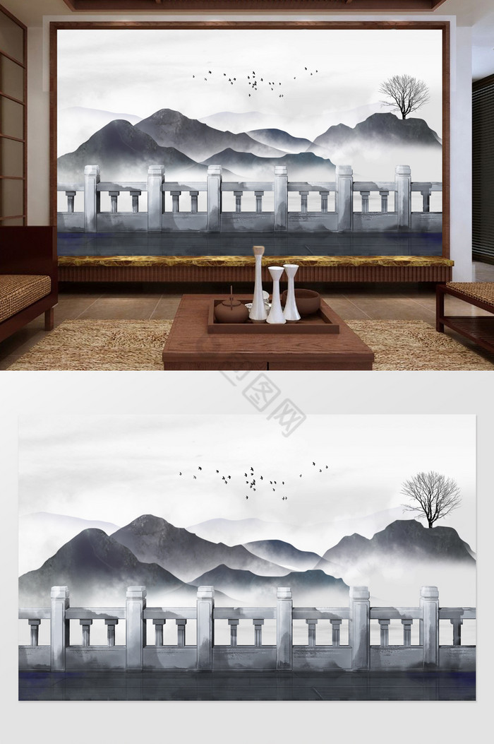 新中式手绘山水意境电视背景墙图片
