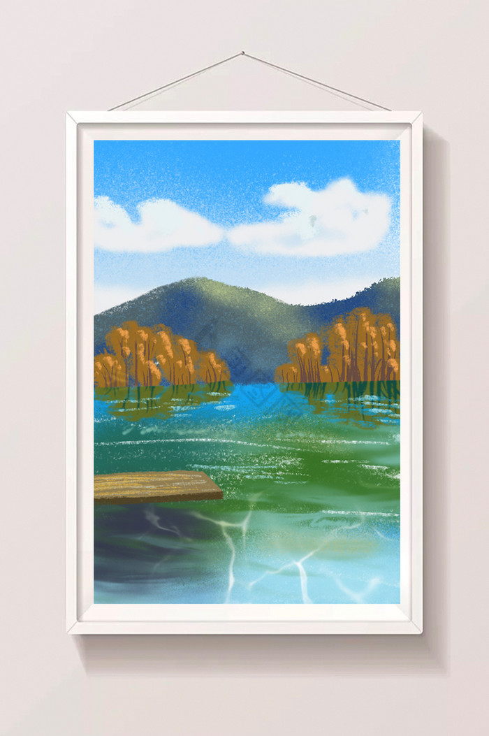 湖水木板青山绿水插画图片