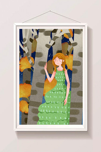 夜晚节气立秋女孩在银杏树林插画图片
