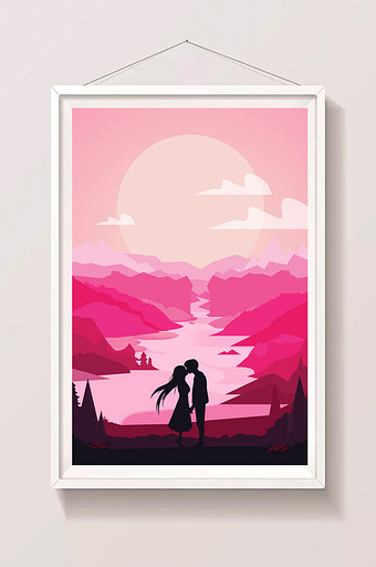 粉色温馨浪漫夕阳下的吻插画图片