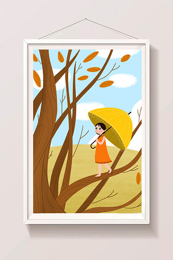 金色藤蔓走在树枝上打伞的女孩立秋插画图片