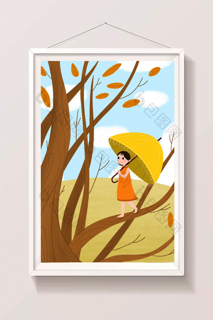 金色藤蔓走在树枝上打伞的女孩立秋插画