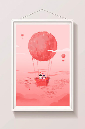 唯美七夕粉色热气球插画设计图片