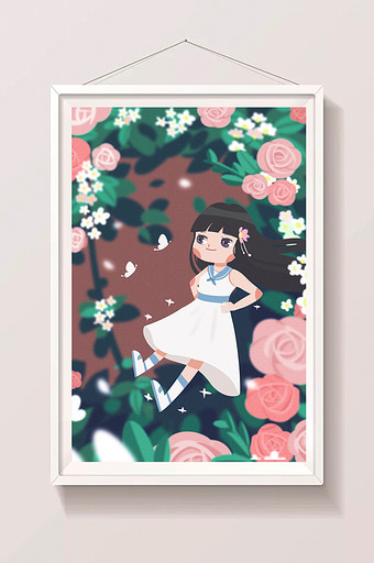 彩色清新小可爱蔷薇玫瑰鲜花女孩人物插画图片下载