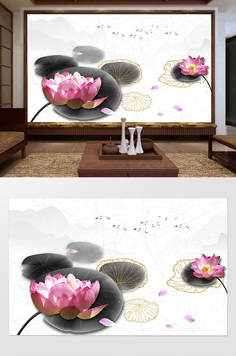 新中式意境荷花水墨荷叶实物创意软包背景墙图片