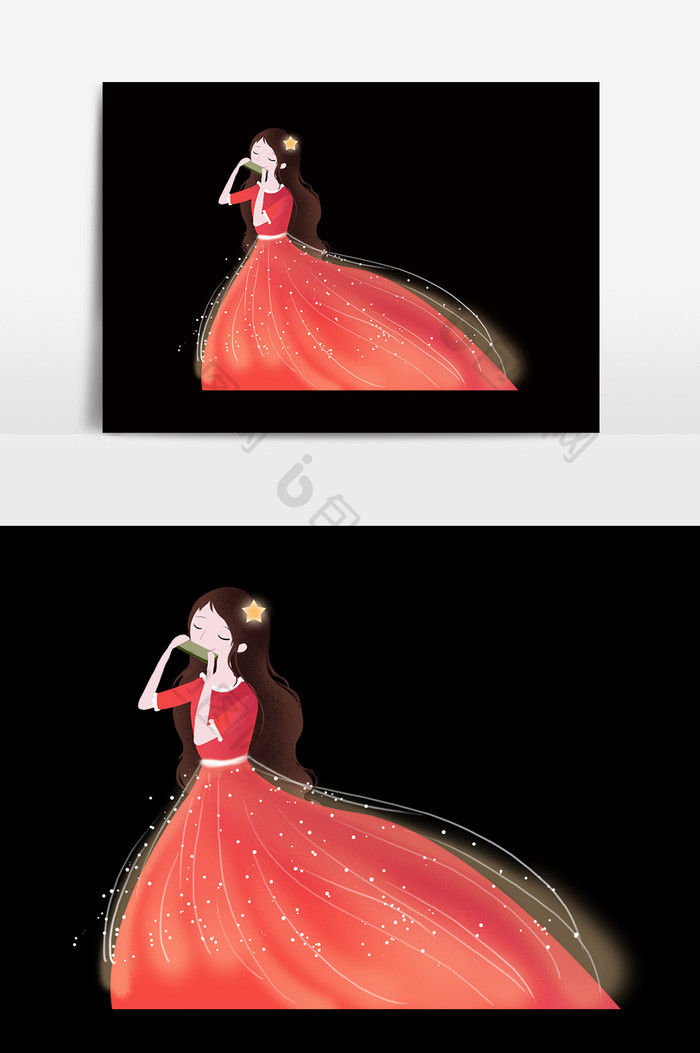卡通手绘红色裙子少女