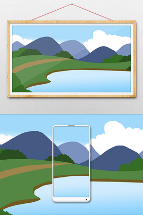 山川河流公路白云场景插画
